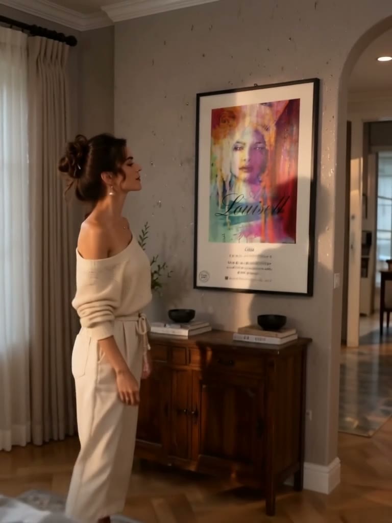 A Living Poster in a wooden frame on a living room wall